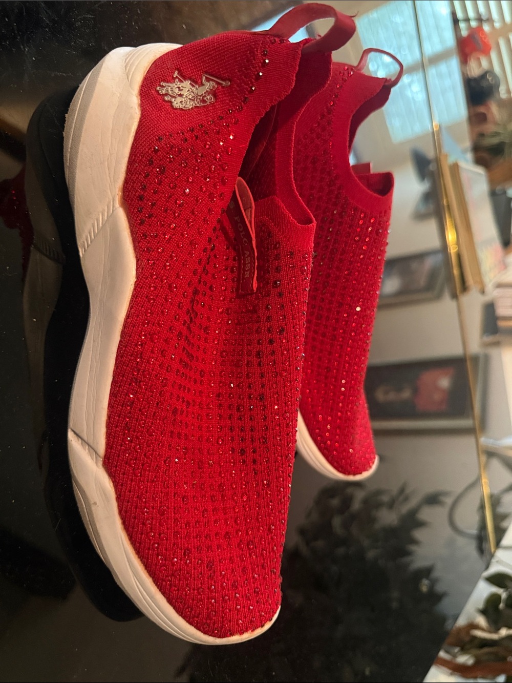 US Polo Association Red Knit Slip-On Sneakers with Rhinestones